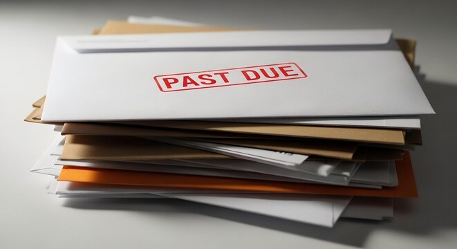 Stack of overdue bills and envelopes with a red 'Past Due' stamp on top