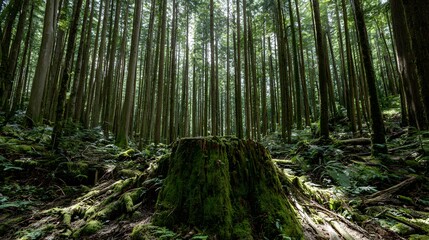 Obraz premium Ancient tree stump covered in moss in a dense, dark forest with tall trees.
