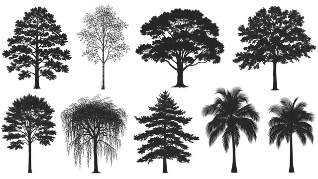 Collection of various tree silhouettes in different shapes and sizes against a clean background from a straightforward viewpoint