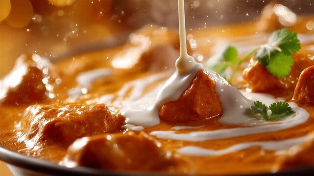 Close-up of a rich, orange curry with chunky pieces, topped by a stream of white cream and fresh cilantro garnish.