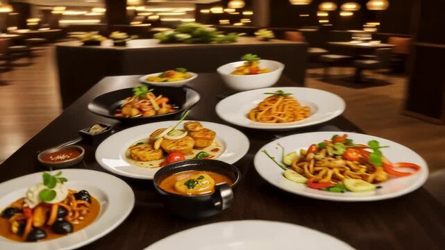 A luxe restaurant table set with multiple plated dishes (pasta and other entrees) in a warm, dimly lit dining room. Elegant ambiance with modern tableware and soft lighting.