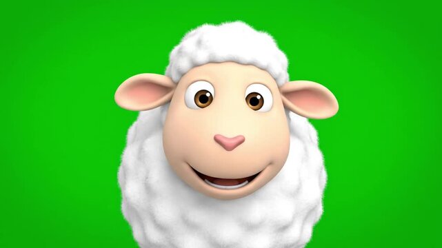 Cute fluffy white sheep cartoon character smiling cheerfully on a vibrant green screen
