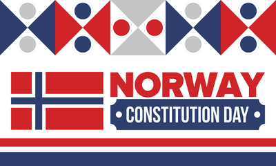 Norway Constitution Day. Happy holiday, celebrated annual in May 17. Norwegian flag. Norway independence and freedom. Patriotic poster. Festive and parade design. Vector illustration