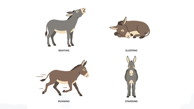 Donkey Actions Vector Set: Braying, Sleeping, Running, and Standing Cartoon Illustrations