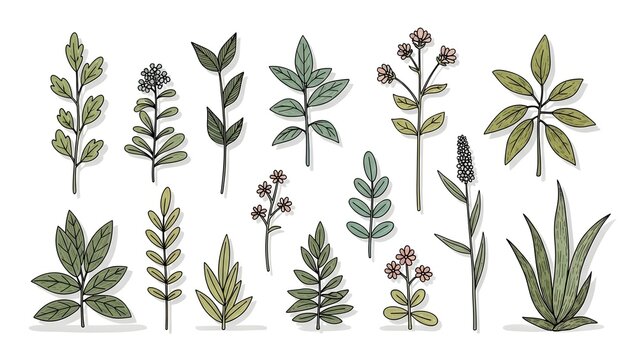 Collection of various green plants and flowers illustrated in a botanical style