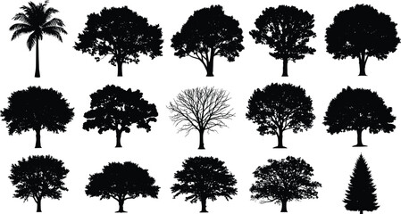 Fototapeta premium Tree silhouettes collection, diverse foliage shapes , nature landscape botany environment design artwork concept illustration set -flat vector illustration