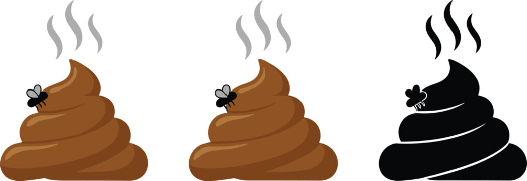 Cartoon poop emoji silhouettes, funny feces icons with flies steam odor, humor waste sanitation concept design artwork illustration set -flat vector illustration