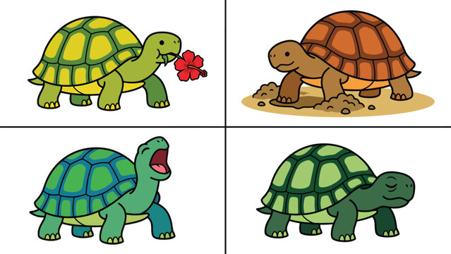 Cute Cartoon Tortoises Set: Holding Flower, Digging, Yawning, and Sleeping. Adorable Reptile Characters Illustration.