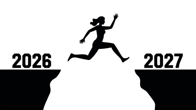 Silhouette of a woman leaping across a chasm from 2026 to 2027, symbolizing progress.