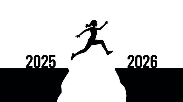 A silhouetted woman leaps across a gap between the years 2025 and 2026, symbolizing progress and the future.