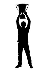 Silhouette of champion raising large trophy high above head in victory