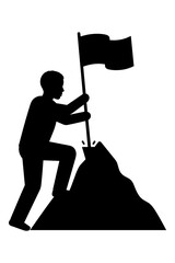 Silhouette of person planting flag marking successful achievement atop mountain peak