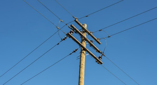 A massive wooden utility pole and electrical distribution network supporting vital wires, photographed from a low angle against a vast, bright, clear blue sky