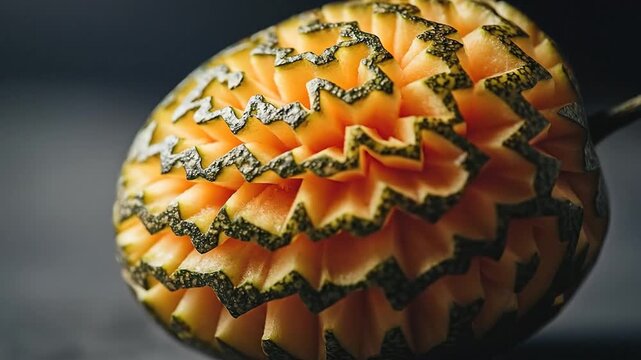 Artistic carving of a vibrant fruit displayed against a dark background