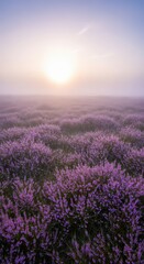 Obraz premium Ethereal scene of a vast purple heather field blooming under a heavy blanket of cool, mysterious morning fog and soft sunlight, peaceful, beauty, flora