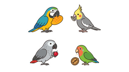 Adorable Cartoon Parrots and Exotic Birds Eating Snacks - Vector Illustration Set