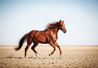 Obraz premium Powerful brown horse trotting through dry earth, its mane and tail flowing, showcasing the dynamic movement of the animal, outdoor, trot, bay