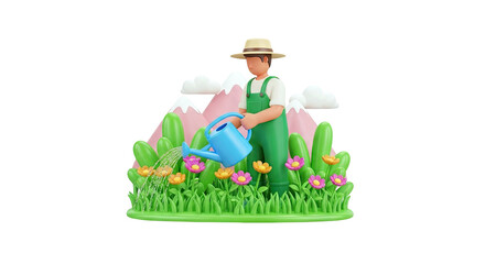 Cartoon Farmer Watering Flowers in a Garden