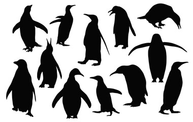 Obraz premium Penguin Silhouette Collection: A captivating collection of penguin silhouettes in diverse poses, ideal for conveying a sense of wildlife, freedom, and the captivating nature of these Antarctic birds.