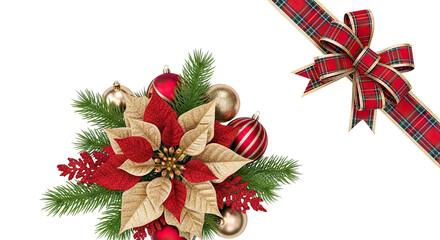Christmas Poinsettia, Ornaments, and Plaid Bow