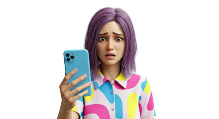 Crying girl holding a phone with a distressed expression