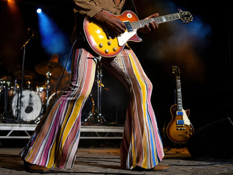 African American guitarist performing funky music on stage in striped pants. Striking pose, with wide-legged flared pants and an open shirt, full of rhythm, style, and attitude.
