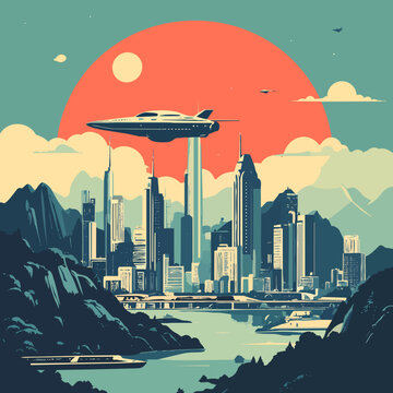 Retro Futuristic Cityscape Art Print - Sci-Fi Metropolis Poster - Vintage Space Age Wall Decor