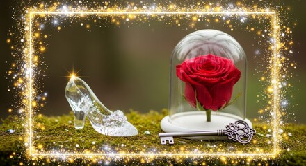 Enchanted Still Life - Glass Slipper, Rose, and Key in a Sparkling Frame.