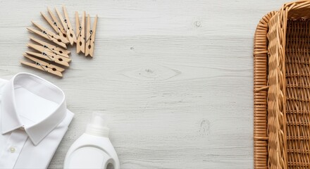 Laundry Day Essentials - Clean Shirt, Detergent, Clothespins, and Basket.