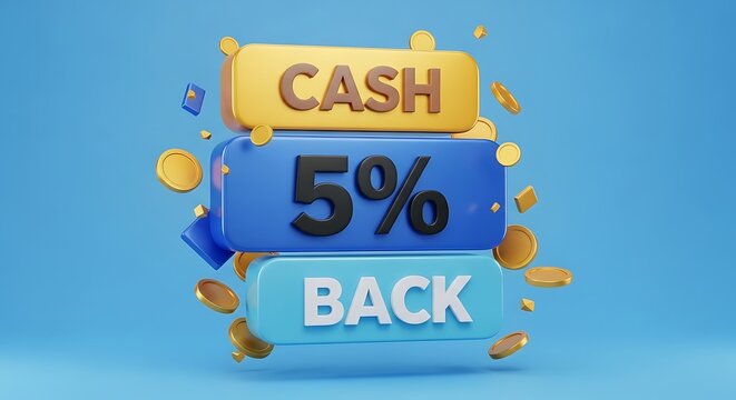 5% Cash Back offer with stacked colorful buttons and gold coins, positive transaction concept