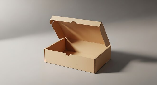 Minimal open empty box on neutral background with soft natural light. Clean packaging mockup for product branding, e-commerce shipping, delivery concept, and modern design template.