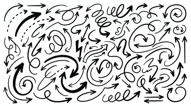 Hand-drawn black arrows collection, sketch style vector illustration, conveying direction and emphasis with a unique touch.