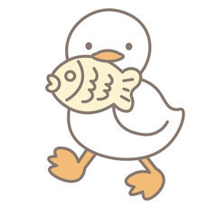 Fototapeta premium 魚をくわえたアヒルのかわいいイラスト