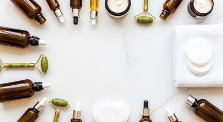 Skincare Products Flat Lay on White Background for Beauty and Wellness.