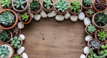Succulent Plants and White Pebbles Frame on Wooden Background.