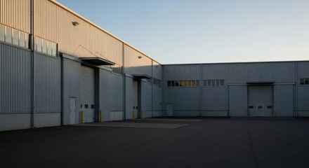 Fototapeta premium Exterior view of an industrial warehouse with loading bays and doors at dusk