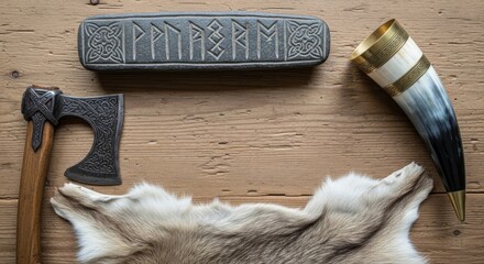 Viking Still Life - Axe, Horn, Runes, and Fur on Wood.