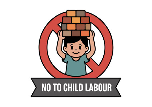 A vector graphic illustration of a child holding bricks in a red prohibition sign with a banner reading No to Child Labour