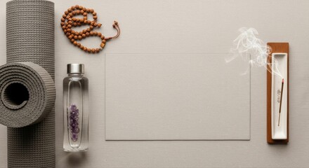 Mindful Yoga Still Life with Mat, Beads, Water, and Incense.