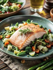 Heres the output for the INPUT CONCEPT Salmon with green fresh vegetable salad  Freshly caught salmon sits atop a vibrant green medley of seasonal