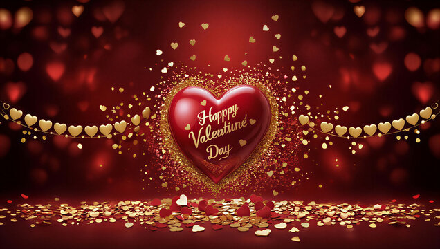 Coraz&oacute;n rojo brillante con "Happy Valentine's Day" en dorado, rodeado de cadenas de corazones dorados, confeti de corazones y destellos, fondo rojo rom&aacute;ntico para celebrar San Valent&iacute;n.