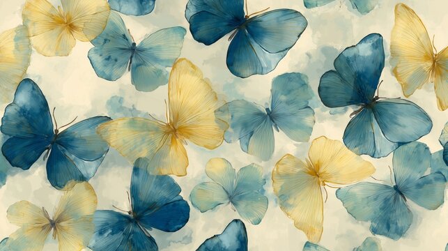 seamless watercolor butterfly pattern in soft yellow and blue pastel tones