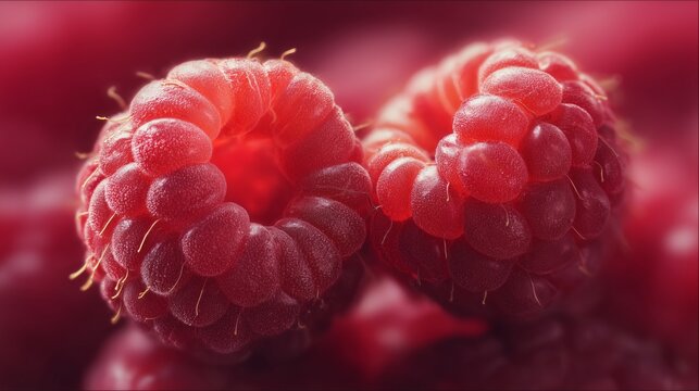 fresh raspberries macro close up with soft natural light on pink background