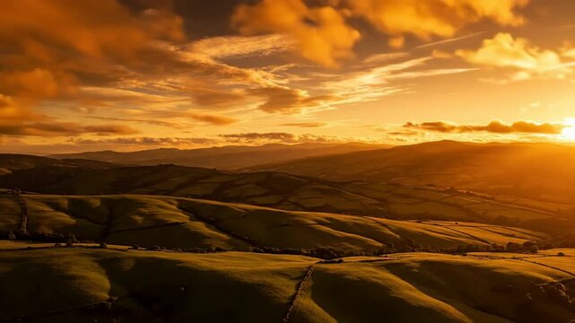 Golden sunset over rolling green hills, wide rural landscape for travel and nature backgrounds, warm serene mood with dramatic clouds, Earth Day theme