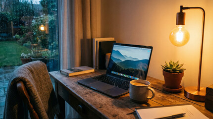 Fototapeta premium A peaceful evening workspace with a laptop, a steaming cup of coffee, and a small succulent plant, with soft warm lamp lighting.