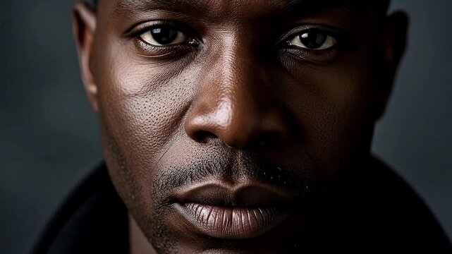 A captivating close-up portrait of a person of color, showcasing their face with striking detail. The warm tones of the skin contrast beautifully with the muted background. The focus is on the eyes, w