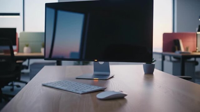 A sleek and minimalist modern office setup with a computer monitor, keyboard, and mouse on a wooden desk, ideal for productivity.