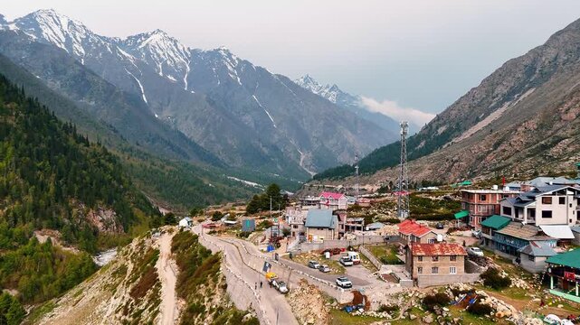 Aerial View of Chitkul Village in Himalayan Mountains, Himachal Pradesh