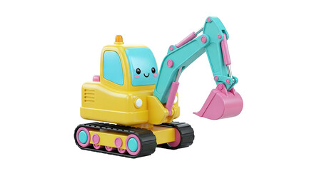 Cute yellow excavator with teal and pink details and a smiling face