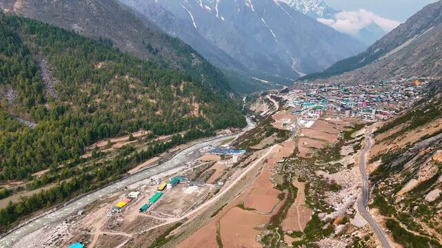 Aerial Panorama of Chitkul Valley with River and Mountain Slopes